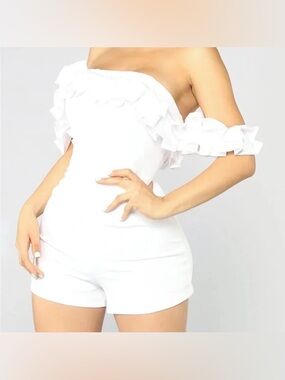 Fashion Nova White Off-Shoulder Ruffle Romper